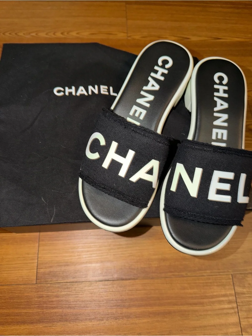 CHANEL 24C Black White CHA NEL Letter Logo Mule Slide Block Heel Sandal Size 36